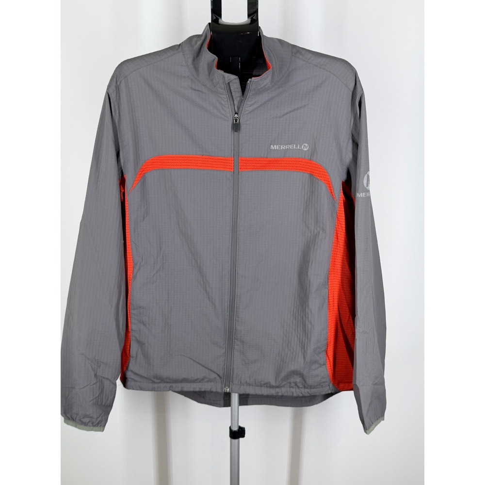 Merrell Mens Large Grey Orange Full Zip Windbreaker Hiking Running Jacket